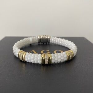 LAGOS S/S 18K White Ceramic Three Station Diamond Bracelet Size M 9mm